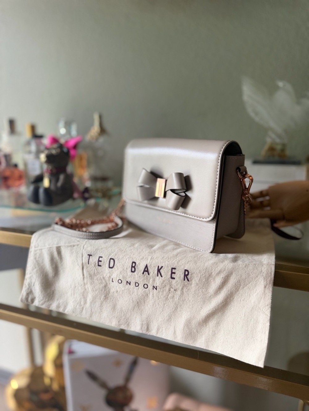 Ted Baker Soft Taupe Bow Detail Crossbody Bag with Rose-Gold Chain